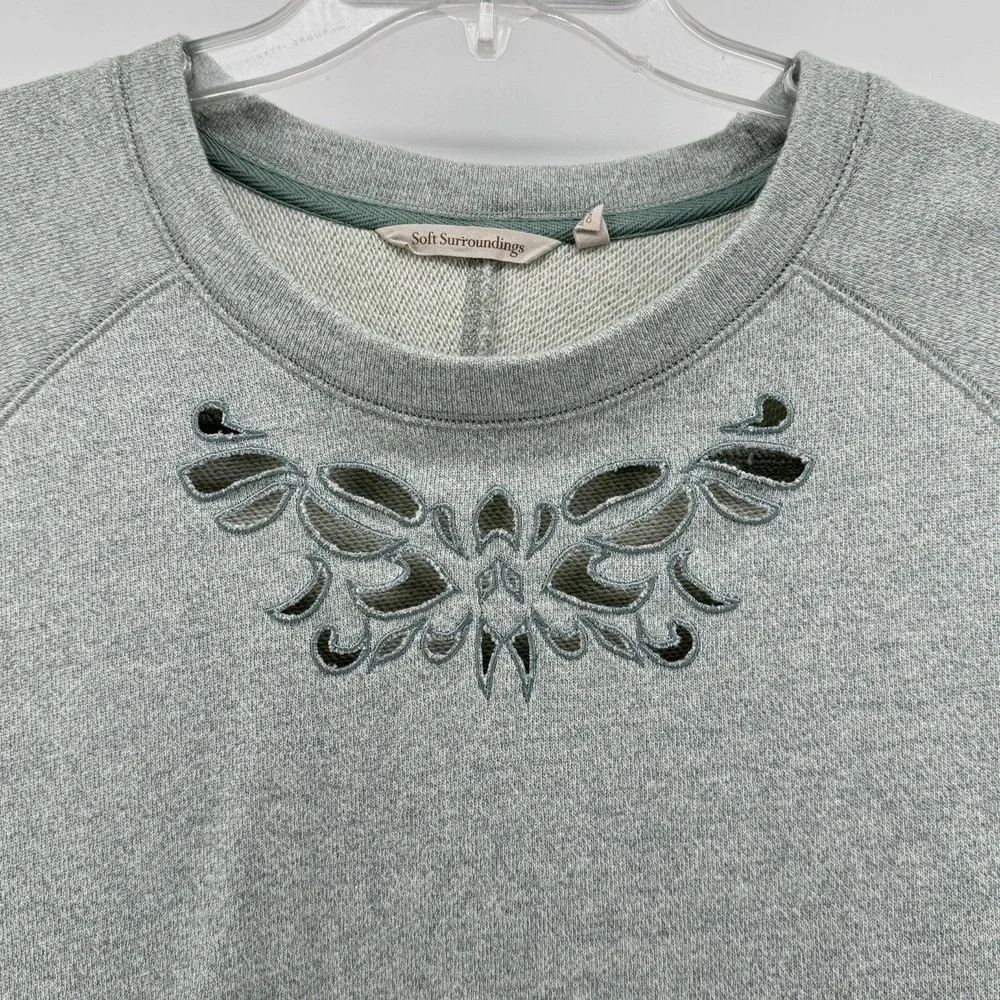 Soft Surroundings Sweatshirt Women XL Green Embroidered Cutout Side Zip Pullover